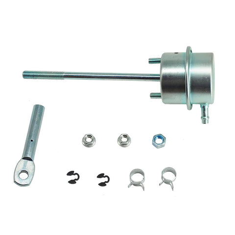 Upgrade turbo wastegate vacuum actuator kit with metallic actuator body, long rod, and mounting hardware.
