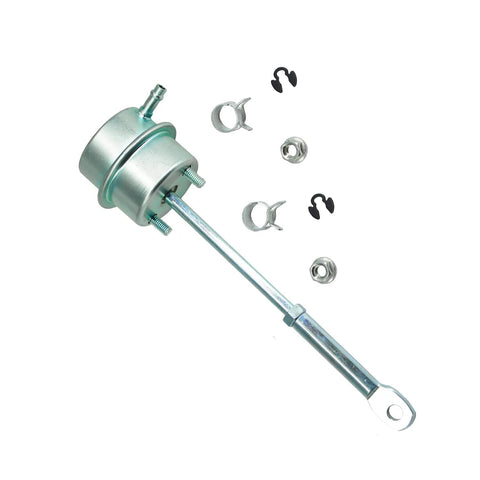 Turbo wastegate vacuum actuator assembly in silver metal with long rod, eyelet end, and accompanying clamps and hardware