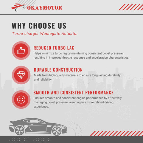 OKAYMOTOR Turbocharger Wastegate Actuator product banner with car silhouette and three feature icons