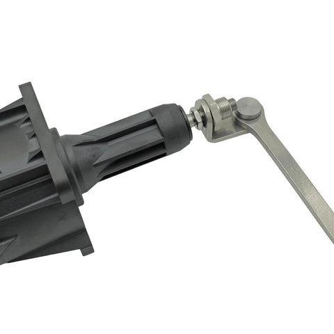 Turbocharger wastegate actuator with metal lever and mounting bolt, black plastic housing.