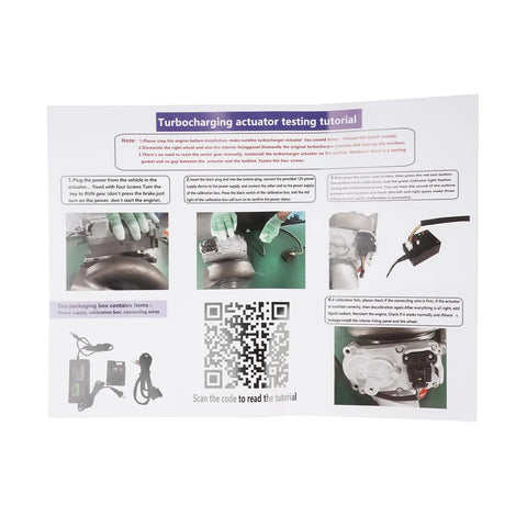 Koomaha turbo actuator testing tutorial sheet showing labeled steps, photos, and a QR code.