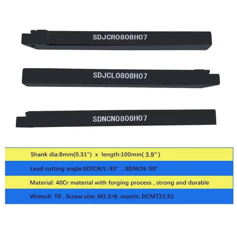 Carbide Turning Inserts Set DCMT21.51 070204 55 Degree With One Sixty Fourth Inch Radius, three black tool holders, and T8 wrenches.
