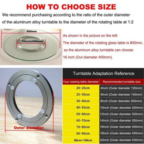 Size guide and measurements for Heavy Duty Aluminium Alloy Turntable Bearing for Lazy Susan Rotating Plate.