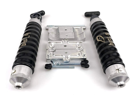 Twin 120 Milliliter Aluminum Injector Mixing Set For Soft Plastic Fishing Lures And Molds With Locking Nozzle, shown with components.