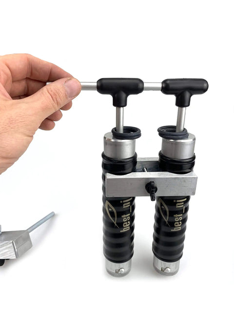 Twin 120 Milliliter Aluminum Injector Mixing Set for Soft Plastic Fishing Lures shown with dual reservoirs and locking nozzle