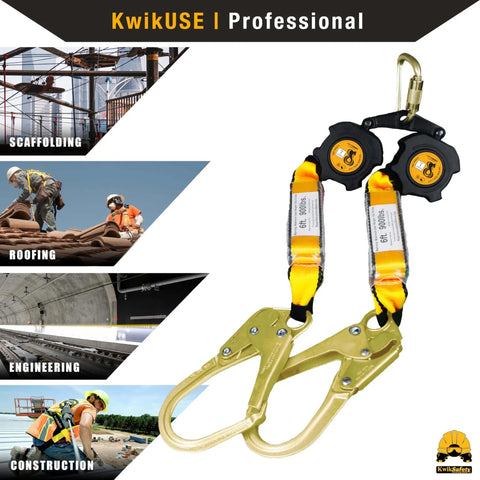 Six Foot Twin Leg Self Retracting Lifeline No Tangling Web SRL Lanyard Class One Fall Protection ANSI OSHA Compliant Lightweight Polymer Webbing With Two Three Quarter Inch Polyester Straps shown with scaffolding, roofing, engineering, and construction applications.