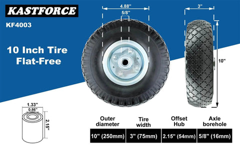 Kf4003 twin pack 10-inch solid rubber tire wheels replacement 3.00-4 tires wheels flat free with 5/8" bearings shown from front view