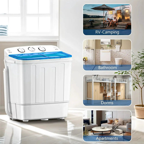 Compact twin-tub portable washer with a drying rack and 10 hangers delivers powerful stain removal in tight spaces like dorms, apartments, and RVs, featuring a 1300RPM motor, 11lb wash and 7lb spin, and space-saving, semi-automatic operation. Image shows washer in home settings.