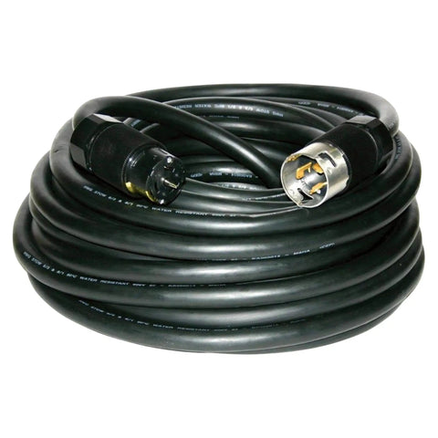 Coiled 100 Ft Twist Lock Ends Extension Cord 6/3 8/1 Black 50 Amp with twist-lock connectors shown