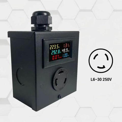 L6-30 Twist Lock Outlet Meter Box Kit With Heavy Duty Steel Enclosure Receptacle LCD Ammeter Voltmeter 240V