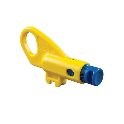 Yellow twisted pair radial stripper for shielded and unshielded cables Cat3 Cat5e Cat6A with durable high carbon steel blades and finger loop.