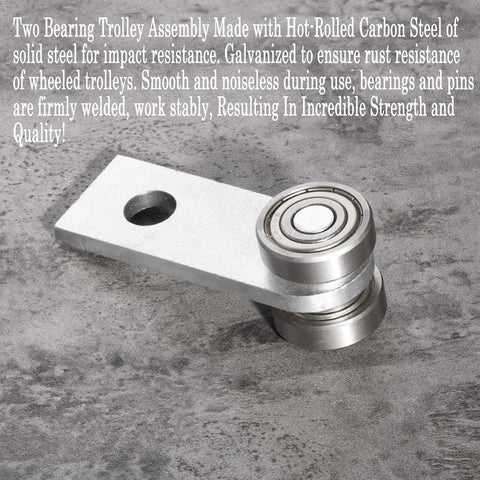 Two bearing trolley assembly in hot-rolled carbon steel, featuring smooth quiet bearings and stable welded roller design.