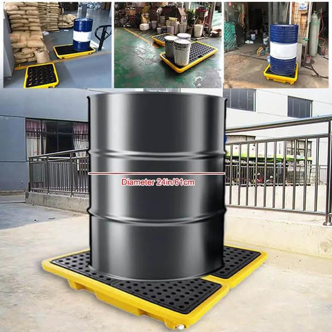 Two Drum Spill Containment Pallet holding a black drum, Polyethylene Low Profile Paint Bucket Tray For Industrial Garage Storage, Yellow 2 Pack