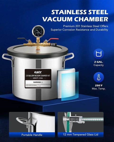 Two Gallon Vacuum Chamber Kit With 1/4 HP Vacuum Pump For Easy Wood Stabilization And Silicone Degassing Includes Tempered Glass Lid And 5 Ft Hose For Resin Casting And Molding Projects Orion Motor Tech displayed with specifications.