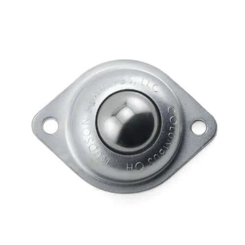 Front view of a Hudson Bearings BT-1CS two-hole flange mounted ball transfer, carbon steel, 1" diameter, case of 10.