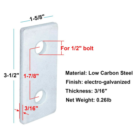 Ten Pack Two Hole Flat Plate Fittings For One And Five Eighths Inch Strut Channel, Three And One Half Inch Long, Three Sixteenth Inch Thick, Electro Galvanized Carbon Steel Bracket With Silver Finish, front view of fitting with detailed measurements.
