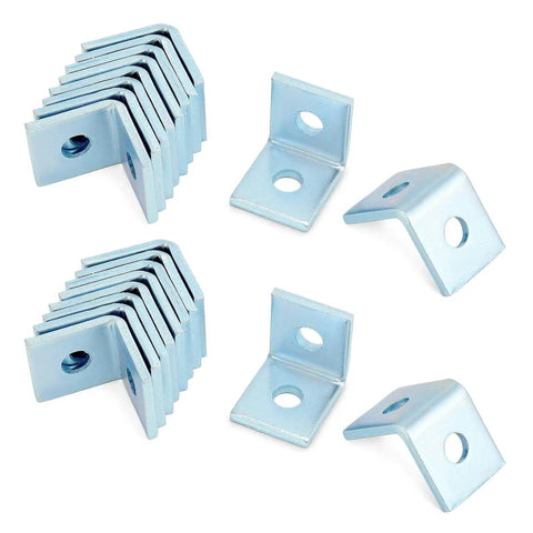Durable two-hole L-shaped connector bracket for 1-5/8 inch strut channels with a 1/2 inch bolt displayed in multiple angles