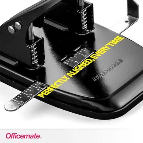 Close-up of Two Hole Paper Punch 30 Sheet Capacity Black with Adjustable Guide and metal build for office and school use.