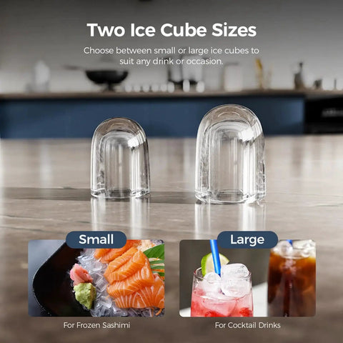 Two ice cubes showing different sizes for Effortlessly chill drinks with a compact countertop ice maker that delivers up to 26 lb of bullet ice daily