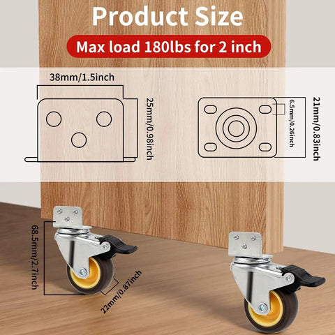 Diagram of Side Mount Casters With Brake 2 Inch L Shaped Small Caster Wheels Set Of 4 showing size and load capacity of 180 lbs.