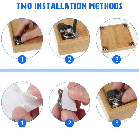 Two installation methods for Four Pack Half Inch Low Profile Caster Wheels With Rubber Rollers for small furniture and cabinets.