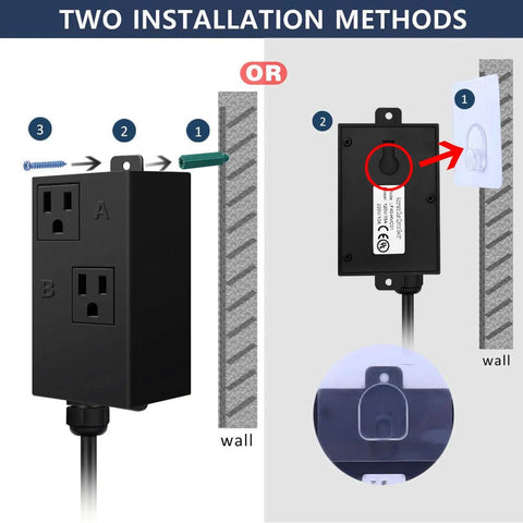 Automatic vacuum switch for power tools with current-sensing delay; black unit with outlets, two installation methods.
