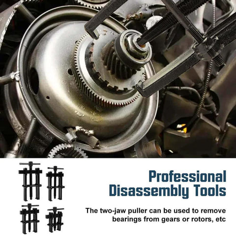 Close-up of 4 Bearing Puller 2'' 3'' 4'' 6'' with 2 Jaws Bearing Puller Tool in use removing gear bearings, professional disassembly tools.