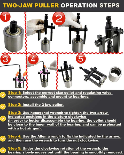 Upgrade Bicycle Blind Hole Bearing Puller Set with Two-Jawed Puller operation steps guide with images and instructions.