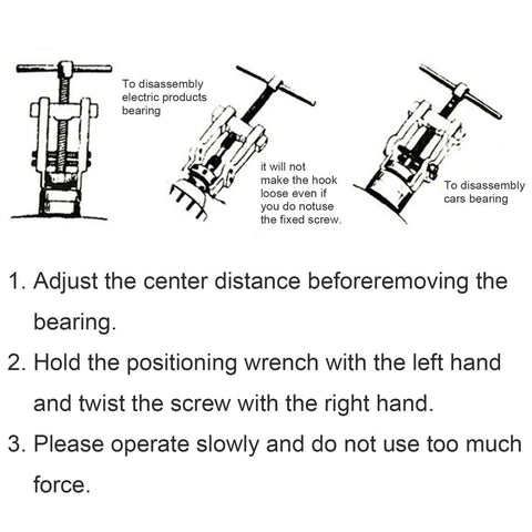 Illustration of Two Jaws Bearing Puller Tool with instructions for disassembling bearings in electric products and cars.