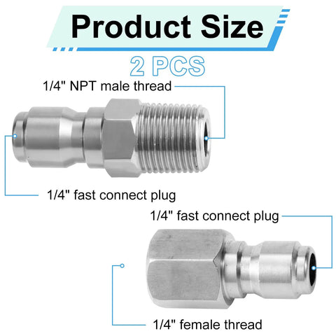 Pressure washer fittings, 2-pack stainless steel 1/4-inch NPT fast-connect with male and female threads.