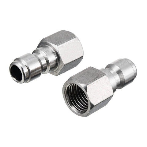 Two silver steel pressure washer couplers with 1/4 in plug to female NPT threads, 5000 PSI, 2-pack