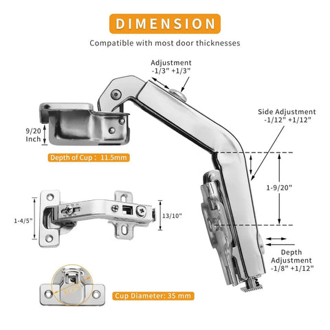 Dimensions of Two Pack 135 Degree Concealed Hinge for Corner Lazy Susan Cabinets Replacement Hardware with adjustments shown