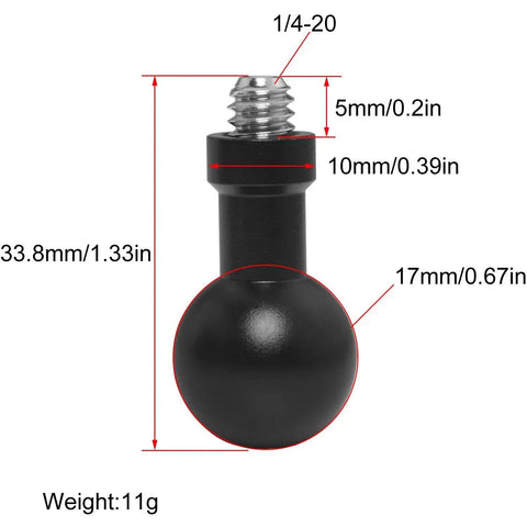Two Pack 17mm Ball Head to Quarter Inch Stainless Steel Short Screw Connecting Rod for car phone mount, dimensions displayed.