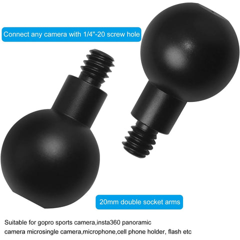 Two Pack 20mm Ball Head Mount With One Quarter Twenty Screw shown with 1/4-20 thread, suitable for cameras and mobile phones.