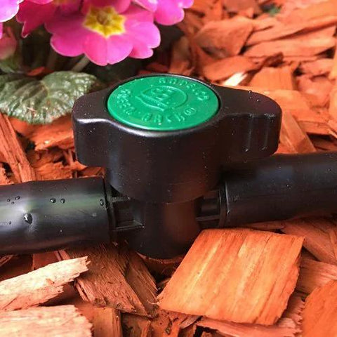 Habitech inline barbed ball valve for 3/4 in tubing, black plastic body with green cap