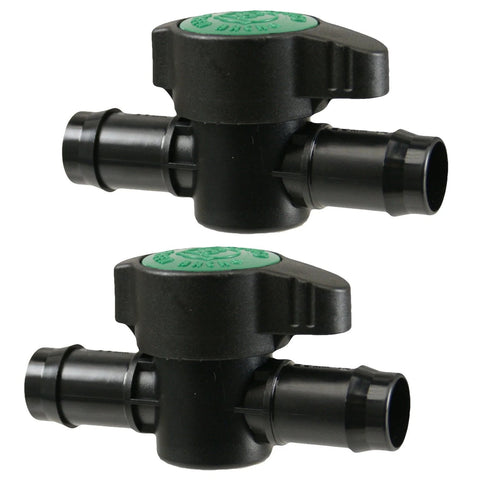 Habitech 2-pack in-line barbed ball valves for 3/4 in tubing, black plastic with green caps, dual barbed ends