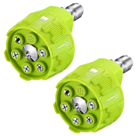 Front view of two green 6-in-1 pressure washer nozzles with 1/4 in quick-connect, Amazon brand, 4000 psi