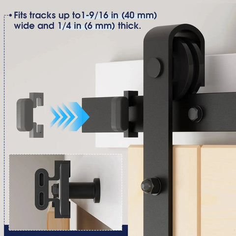 Two Pack Aluminum Barn Door Stopper For Top Track 1 9 16 Inch With Hex Wrench And Rubber Buffer, shown installed on door track