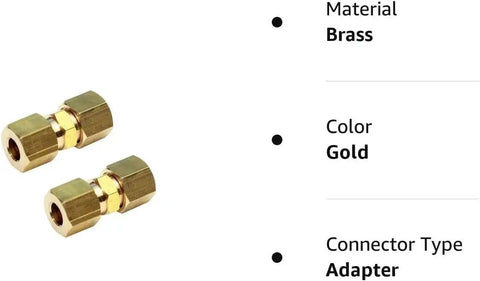 Two Pack Brass Compression Tube Fittings For Ice Maker Water Line Union 1/2 Inch To 1/2 Inch OD with hex heads and deep threads.