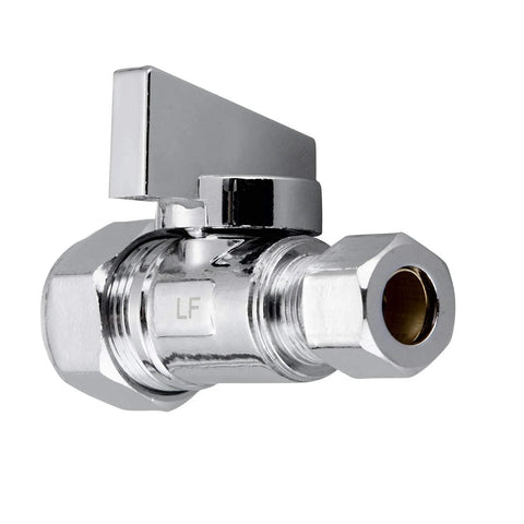Minimprover chrome brass compression stop valve, close-up, 1/2 in nominal, straight angle, quarter-turn