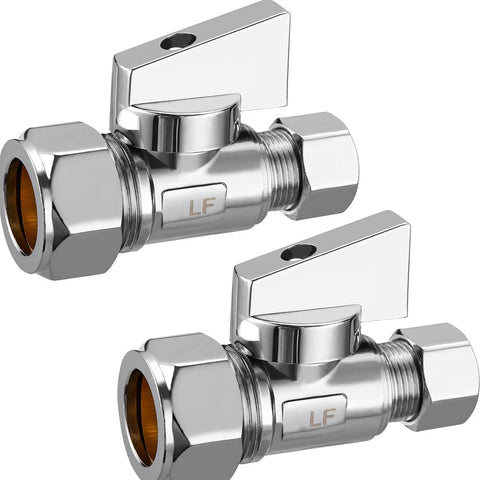Two chrome brass compression angle stop valves, 1/2 in nominal, 5/8 in OD to 3/8 in OD, quarter-turn shutoff