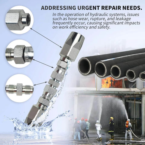 Two Pack Hydraulic Hose Field Repair Kit For Three Eighths Inch Inner Diameter Hoses Reusable Zinc Plated Components For Durable Two Wire Braided Hose Repairs Compatible With R2 And R1, shown with components and hoses in water spray.