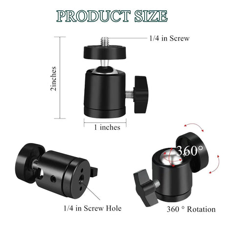 Two Pack Universal 1/4 Inch Mini Ball Head Mount With 360 Degree Rotation, product dimensions and features.