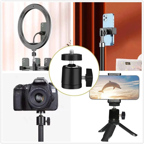Two Pack Universal 1/4 Inch Mini Ball Head Mount With 360 Degree Rotation for DSLR cameras, smartphones, and light stands shown in use.