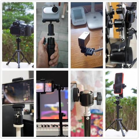 Two Pack Universal 1/4 Inch Mini Ball Head Mount With 360 Degree Rotation in various setups with DSLRs, camcorders, and light stands