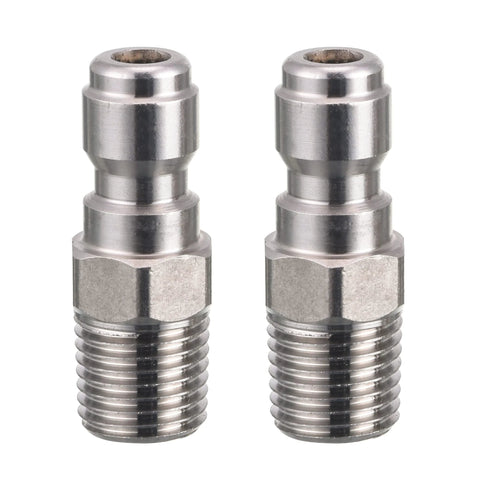 Two metal RIDGE WASHER 1/4 in quick-connect pressure washer couplers with male NPT fittings, 5000 PSI.