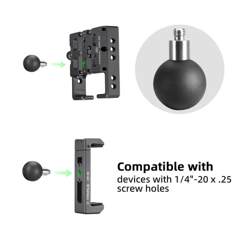 Two Pack Ball Mount Adapters With One Inch Rubber And Stainless Steel Ball And One Quarter Twenty Threaded Post For RAM Mounts B Size Compatibility Upgrade For DA Ninety And DA Sixty Expansion And Versatile Mounting showing compatibility with screw holes.