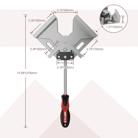 Two Pack 90 Degree Right Angle Corner Clamp For Woodworking With Adjustable Aluminum Alloy Swing Jaw, Durable Aluminum Die Cast Construction, includes 70mm clamping range and 95mm jaw width, WETOLS, dimensions shown.