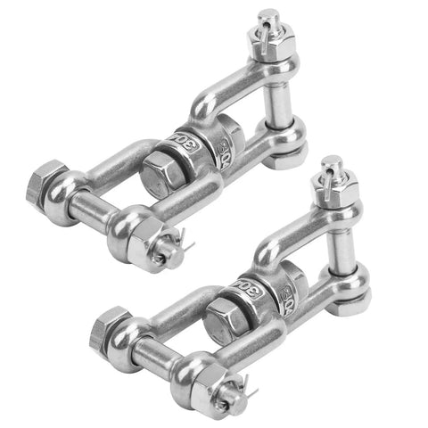 Two 304 stainless steel anchor swivel shackles with rotating rings, M10 marine grade, front view