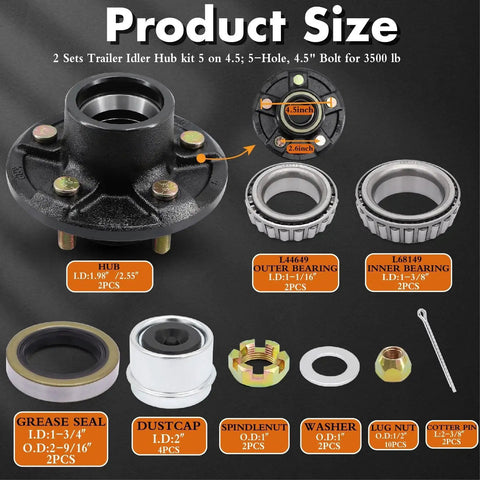 Two Pack Preassembled Trailer Idler Hub Kit Set For 3500 Pound Axles Five On Four Point Five Bolt Pattern L44649 And L68149 Bearings Fits Dexter Al Ko Lippert And Other Brands Includes Galvanized Dust Caps product components displayed with labels